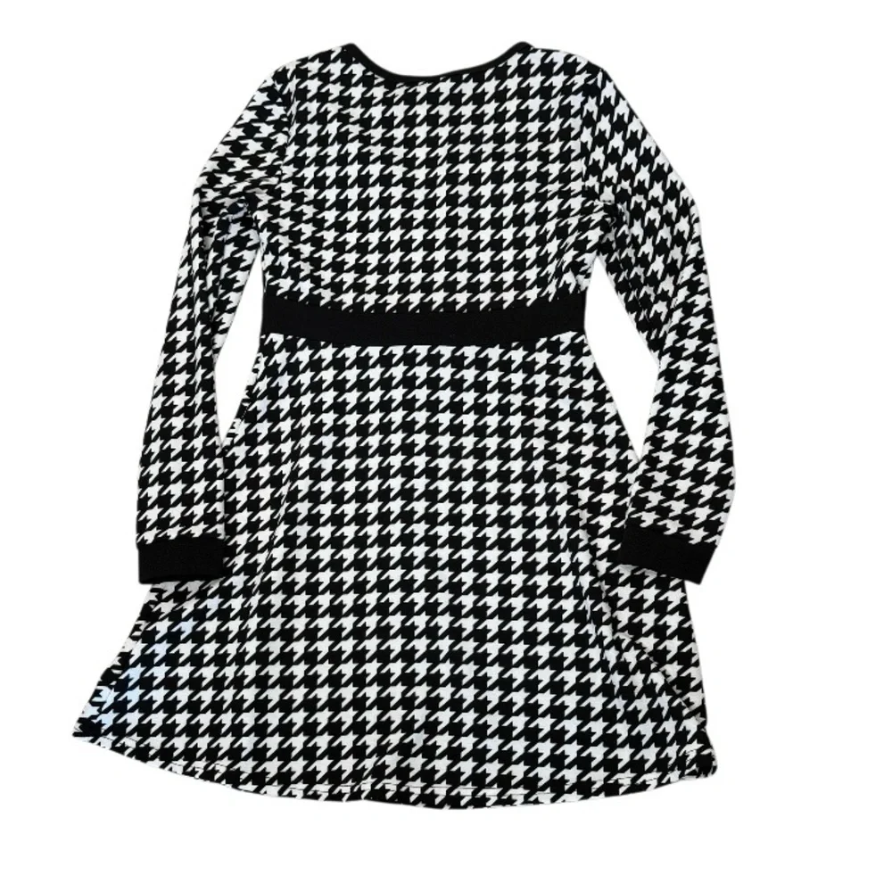 SHEIN Teen Houndstooth Black and‎ White Print Knit Dress Gold Accents SZ 14